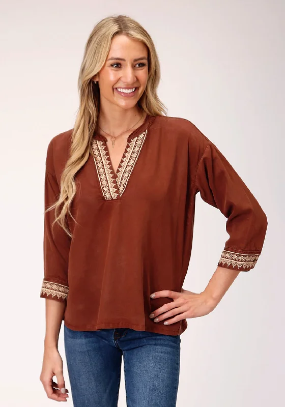 Asymmetrical ShirtsStetson Womens Tobacco Denim Peasant 3/4 Sleeve Blouse