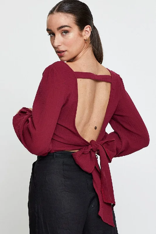 CroptopoutfitRed Crop Top Long Sleeve Round Neck